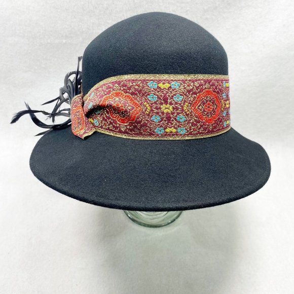 Betmar New York Black Wool Bucket Hat with Feather Detail